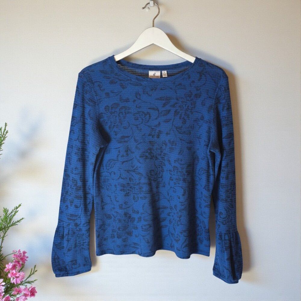 Caribbean Joe Petite M Blue Waffle Knit Top Floral Bell Sleeve Long Sleeve Shirt